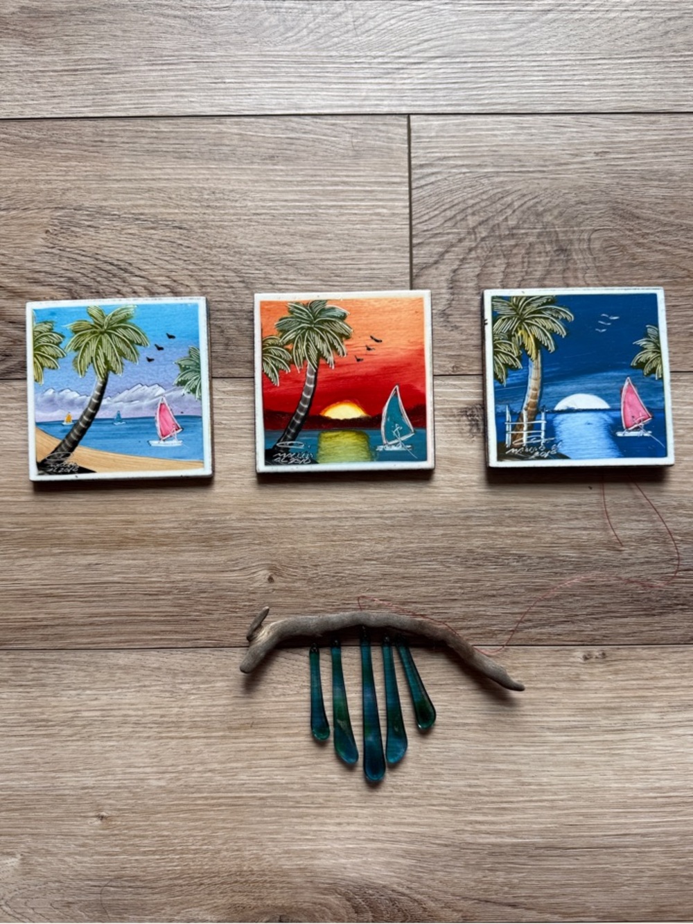 Decorative Painted Tropical Tiles and Wind Chime